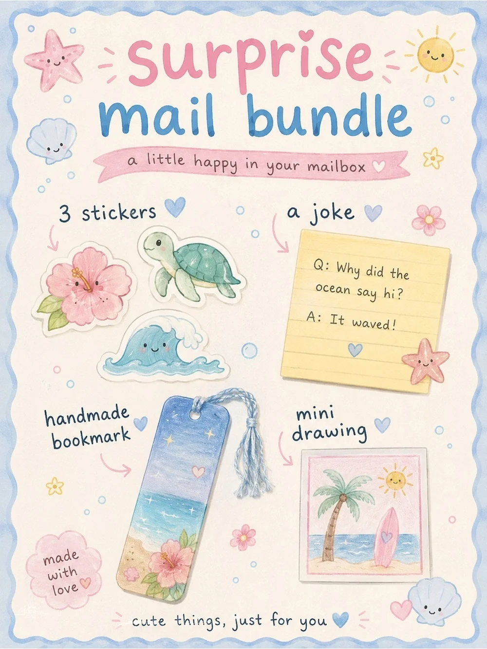 Surprise Mail Bundle - Pastel Blue Handmade Bookmark & Beach Stickers - Picture 1 of 1